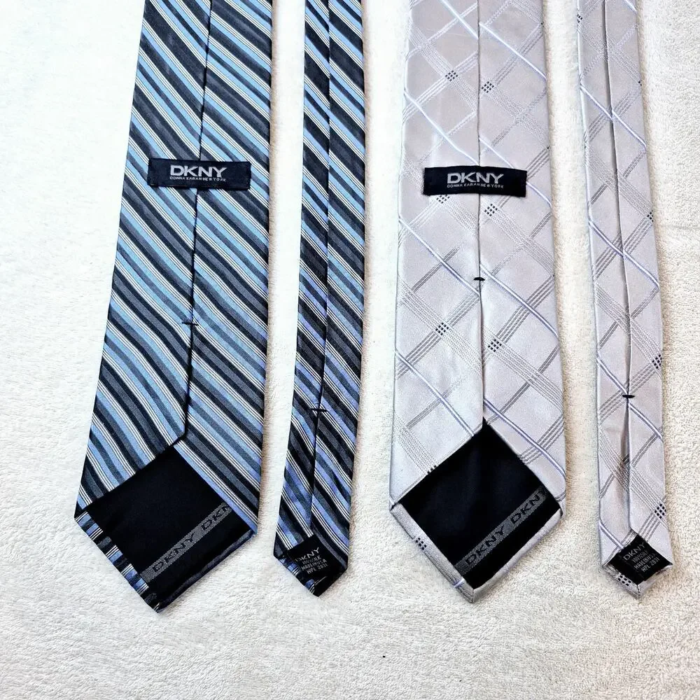 Lot of 2 DKNY Donna Karan Designer Striped Blue & Gray 100% Silk Neckties